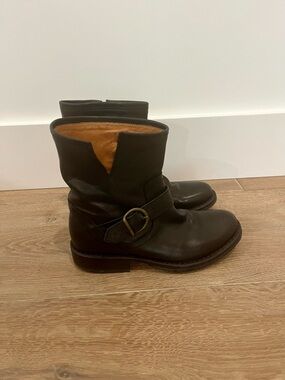 Fiorentini + Baker Black Leather Moto Boots with Brass Buckle
